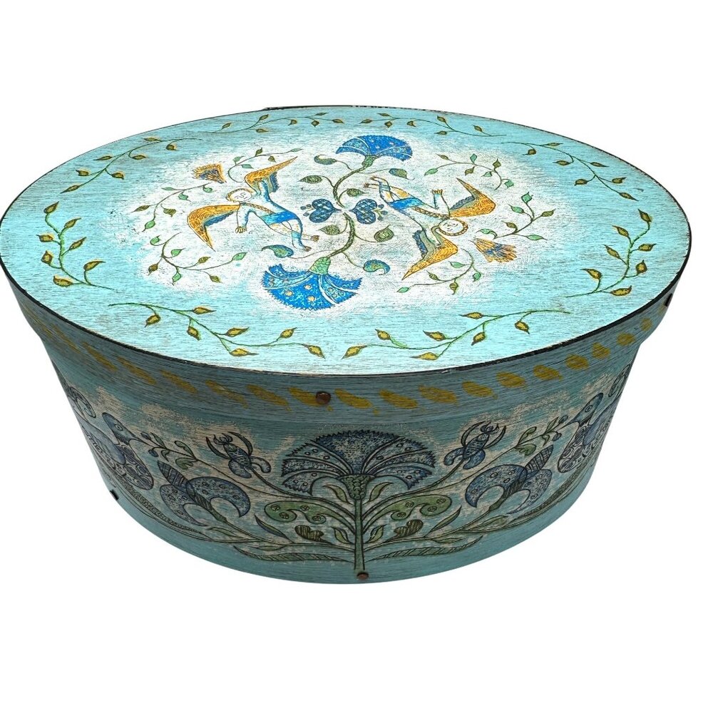 Hand-Painted Wilton-Lee Ltd. Blue Oval Bentwood Box Folk Art Angel Floral Vtg